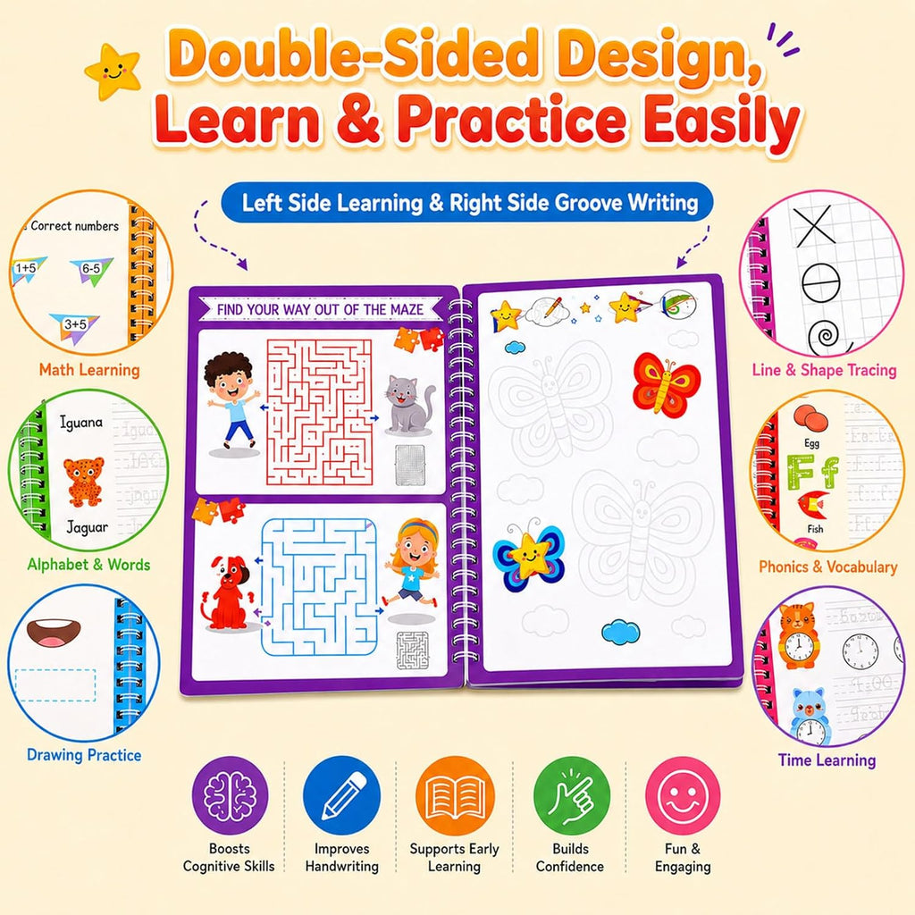 Magic Grooved Writing Practice Books for 3-10, Large Reusable 3D Handwriting Workbooks with Disappearing Ink, Tracing Book Gifts for Summer Workbook Learning