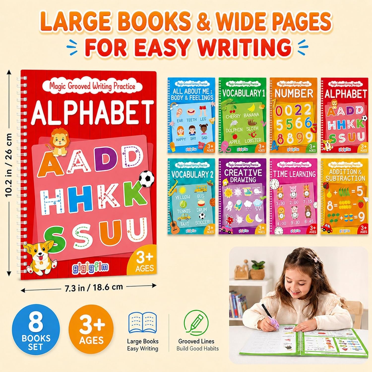 Magic Grooved Writing Practice Books for 3-10, Large Reusable 3D Handwriting Workbooks with Disappearing Ink, Tracing Book Gifts for Summer Workbook Learning