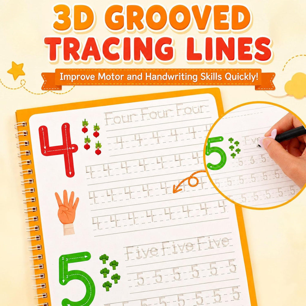 Magic Grooved Writing Practice Books for 3-10, Large Reusable 3D Handwriting Workbooks with Disappearing Ink, Tracing Book Gifts for Summer Workbook Learning
