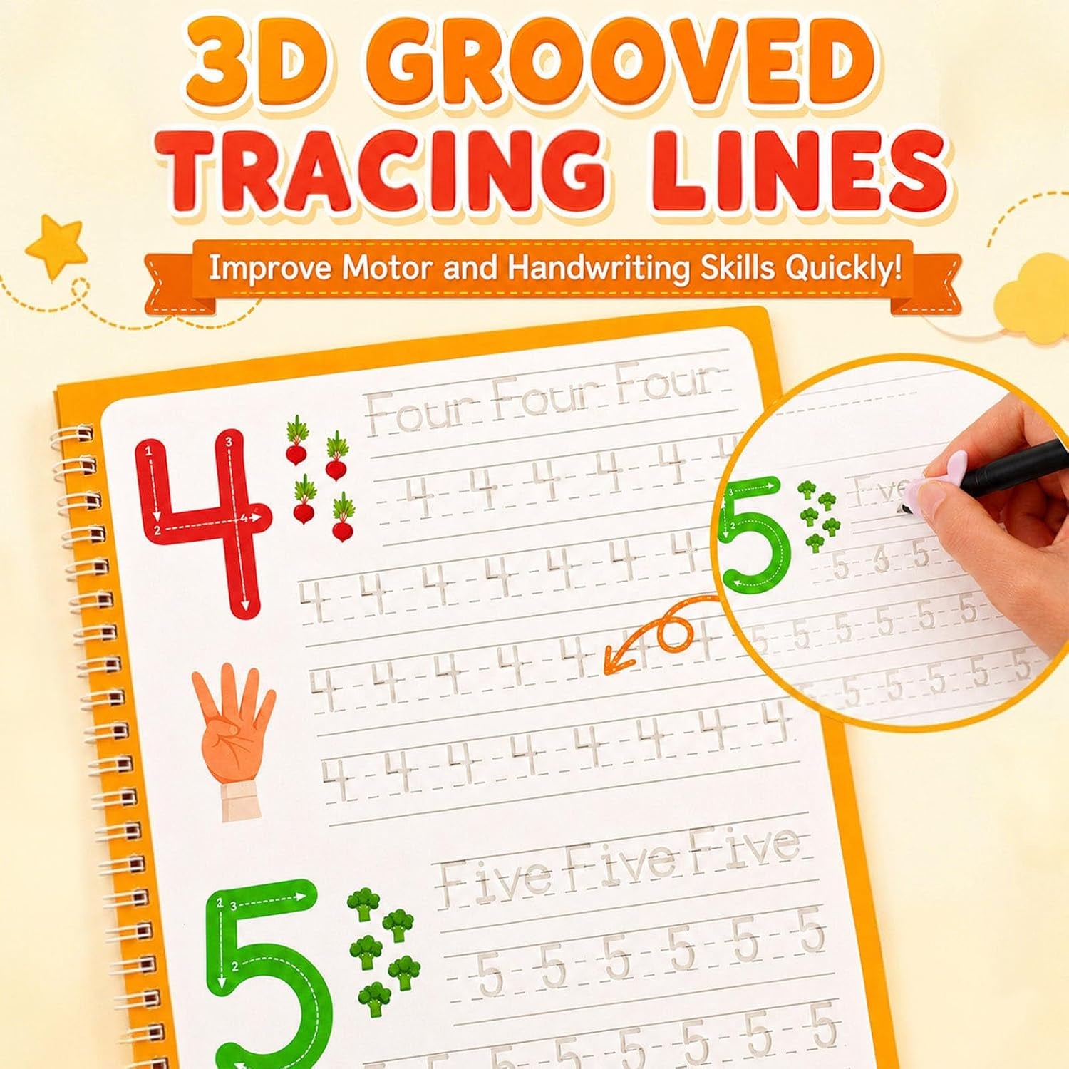 Magic Grooved Writing Practice Books for 3-10, Large Reusable 3D Handwriting Workbooks with Disappearing Ink, Tracing Book Gifts for Summer Workbook Learning