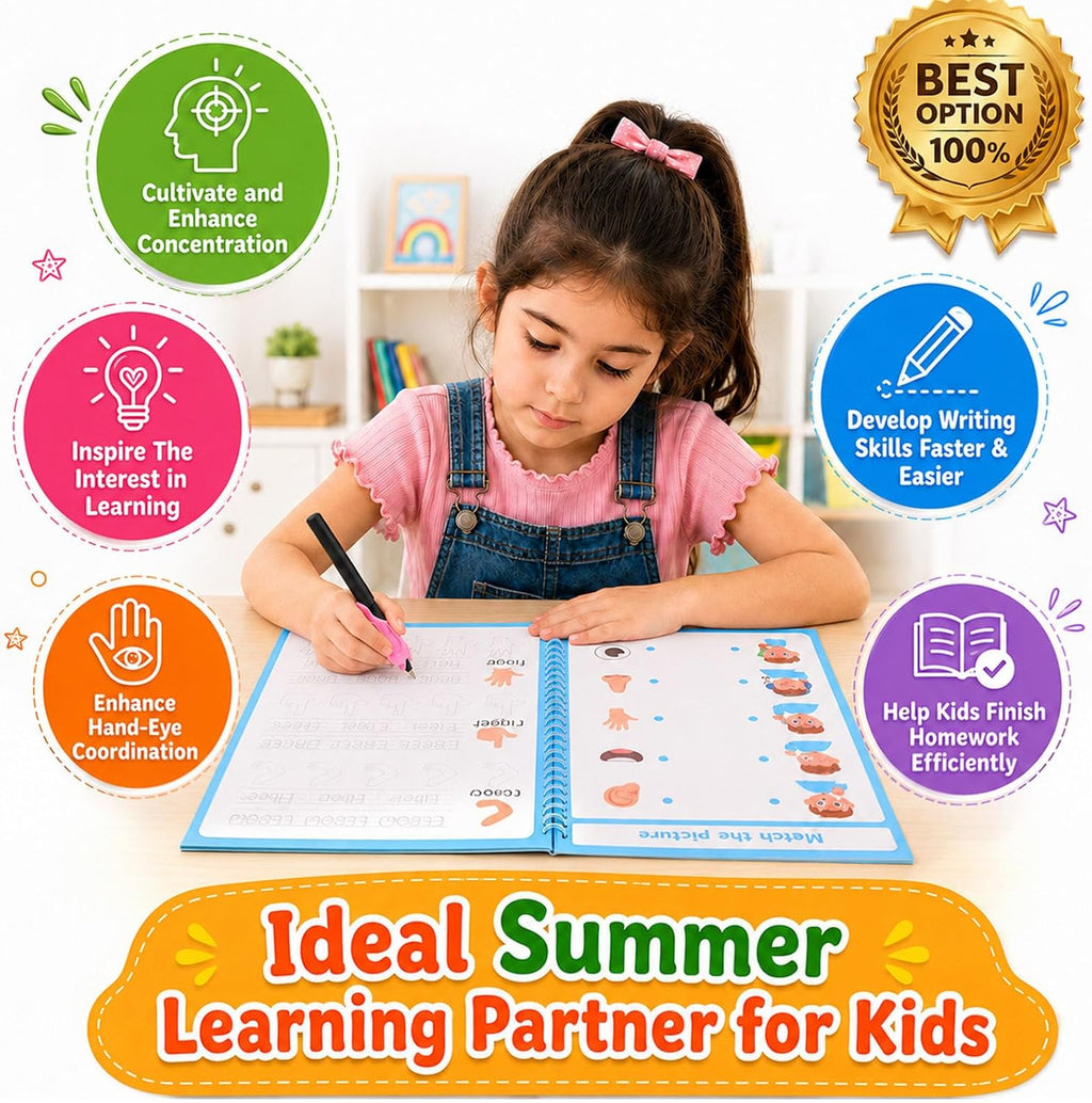 Magic Grooved Writing Practice Books for 3-10, Large Reusable 3D Handwriting Workbooks with Disappearing Ink, Tracing Book Gifts for Summer Workbook Learning